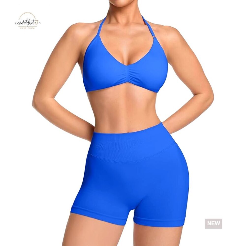 Seamless Ribbed Workout Set with Halter Bra and Scrunch Shorts